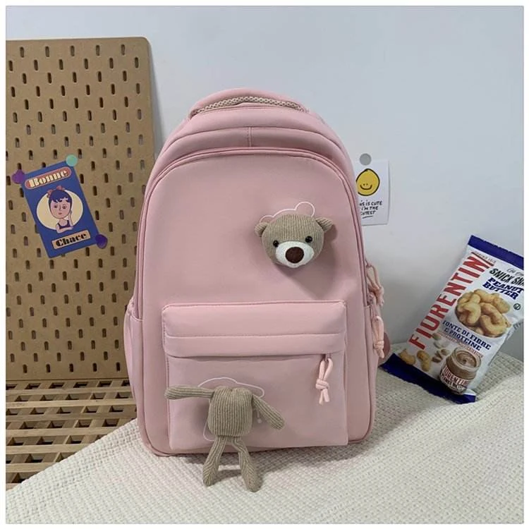 Bear-Pendant Nylon Student Backpack Pink color SKU reference
