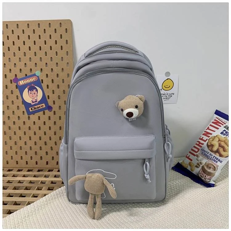 Bear-Pendant Nylon Student Backpack Grey color SKU reference