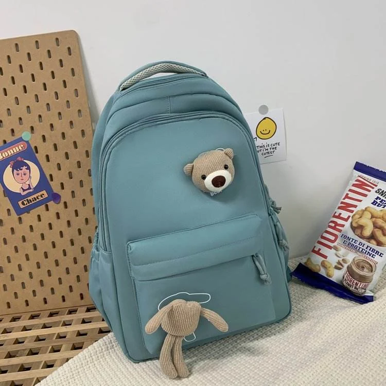 Bear-Pendant Nylon Student Backpack Green color SKU reference