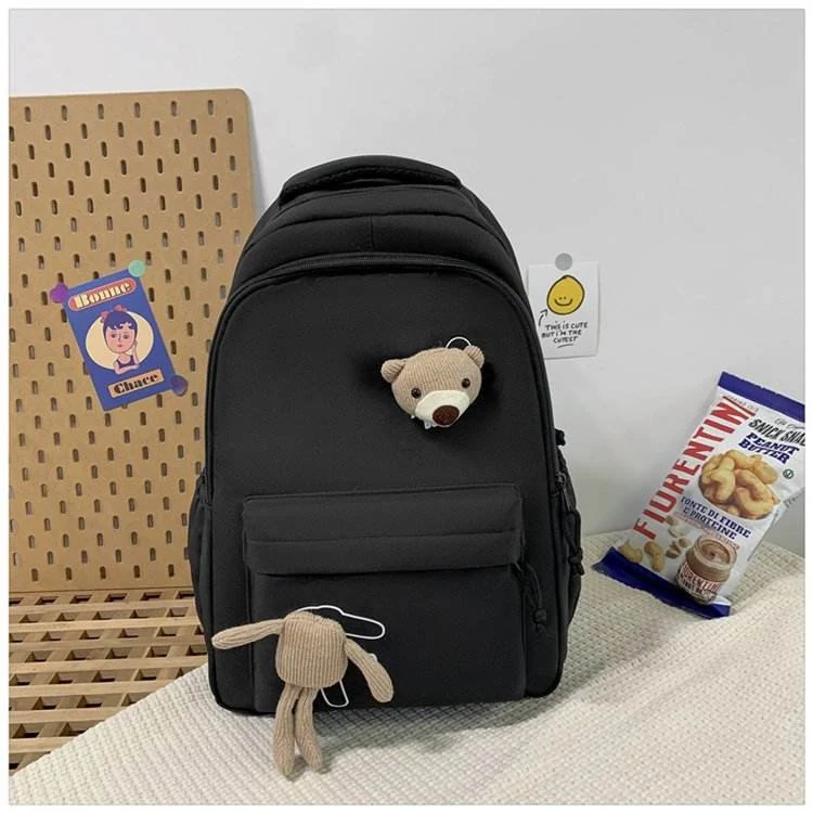 Bear-Pendant Nylon Student Backpack Black color SKU reference