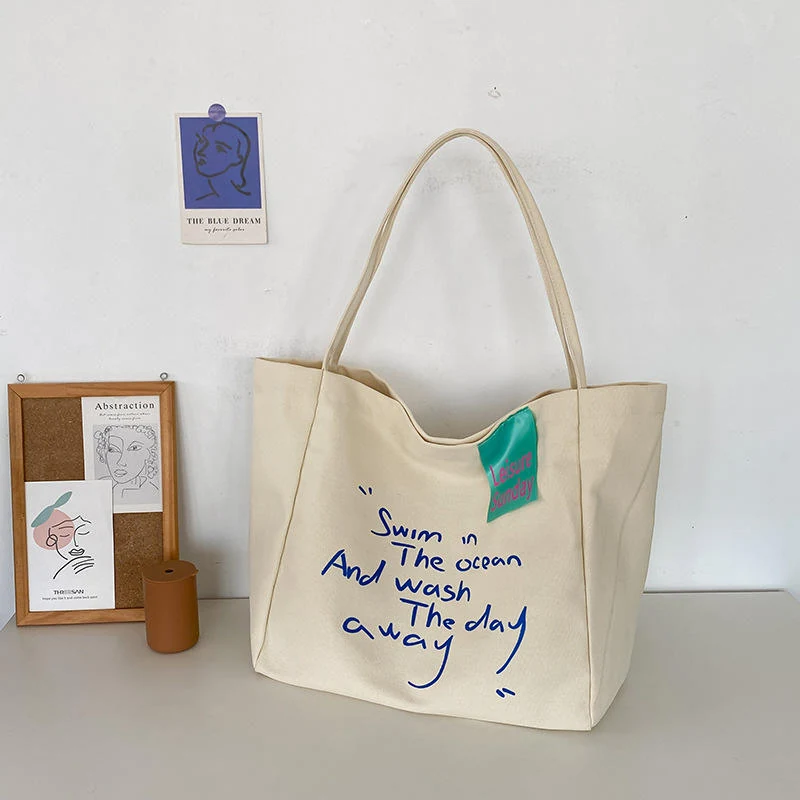 Letter-Print Everyday Tote with Magnetic Closure White color SKU reference