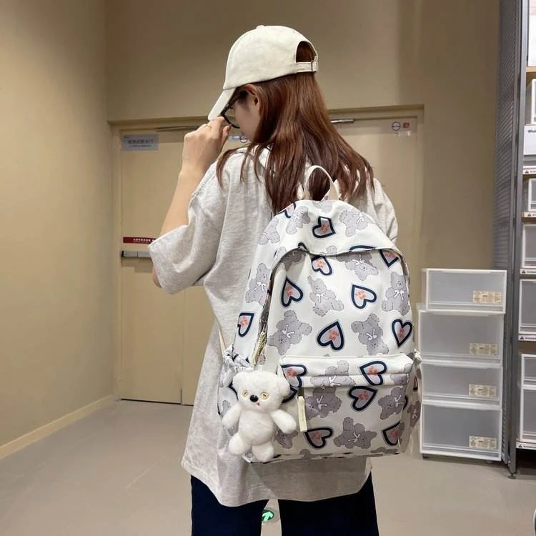 Bear-Print Nylon Student Backpack with Plush Pendant White color SKU reference