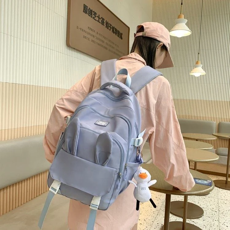 Bunny-Ear Student Backpack with Duck Plush Pendant product reference image