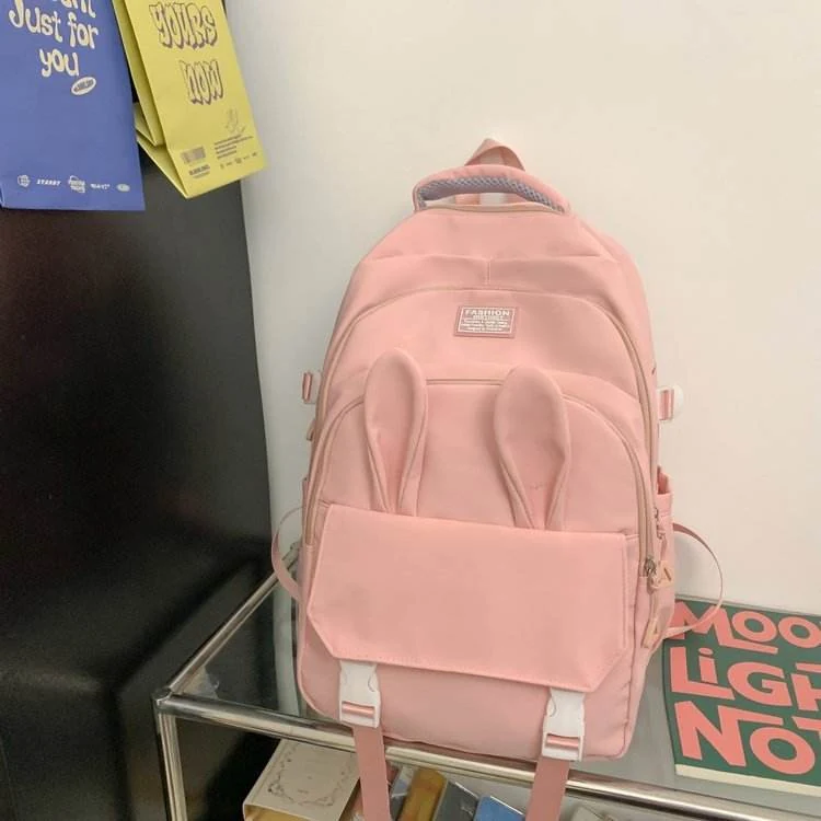 Bunny-Ear Student Backpack with Duck Plush Pendant Pink color SKU reference