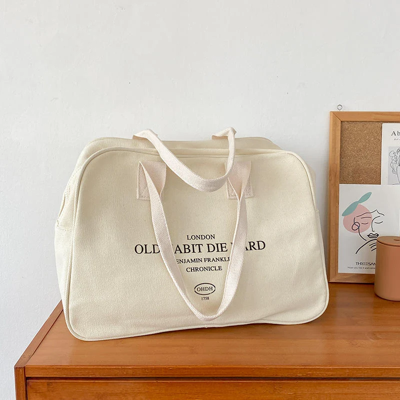 Canvas Letter-Print Travel Tote Bag White color SKU reference