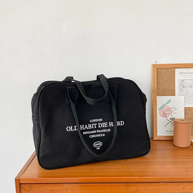Canvas Letter-Print Travel Tote Bag Black color SKU reference