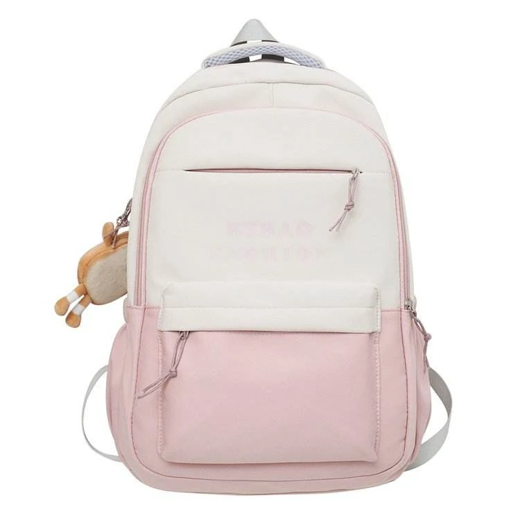 Color-Block Student Backpack with Toast Plush Pendant Pink color SKU reference
