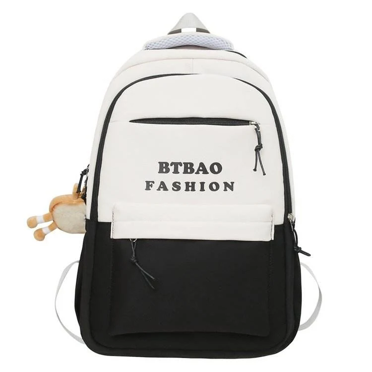 Color-Block Student Backpack with Toast Plush Pendant Black color SKU reference