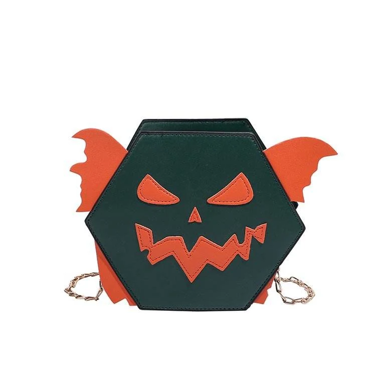 Halloween Pumpkin, Bat & Ghost PU Crossbody Bag Green color SKU reference