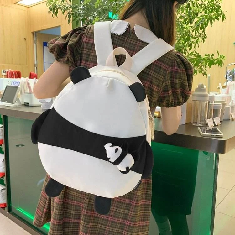 Panda Plush-Pendant Nylon Student Backpack White color SKU reference