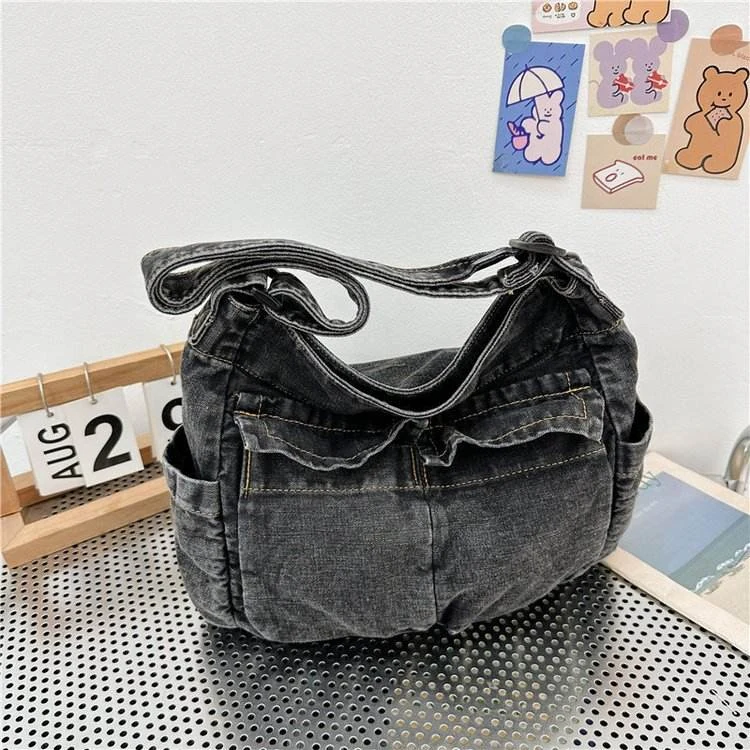 Denim-Look Star-Pattern Crossbody Shoulder Bag Black color SKU reference