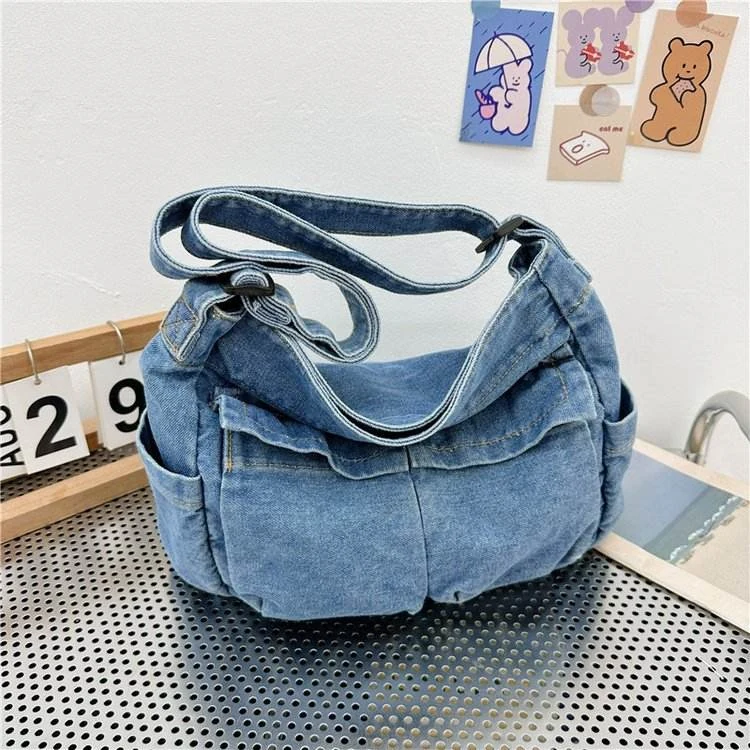 Denim-Look Star-Pattern Crossbody Shoulder Bag Sky blue color SKU reference