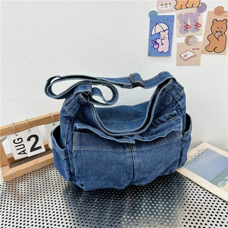 Denim-Look Star-Pattern Crossbody Shoulder Bag Dark blue color SKU reference