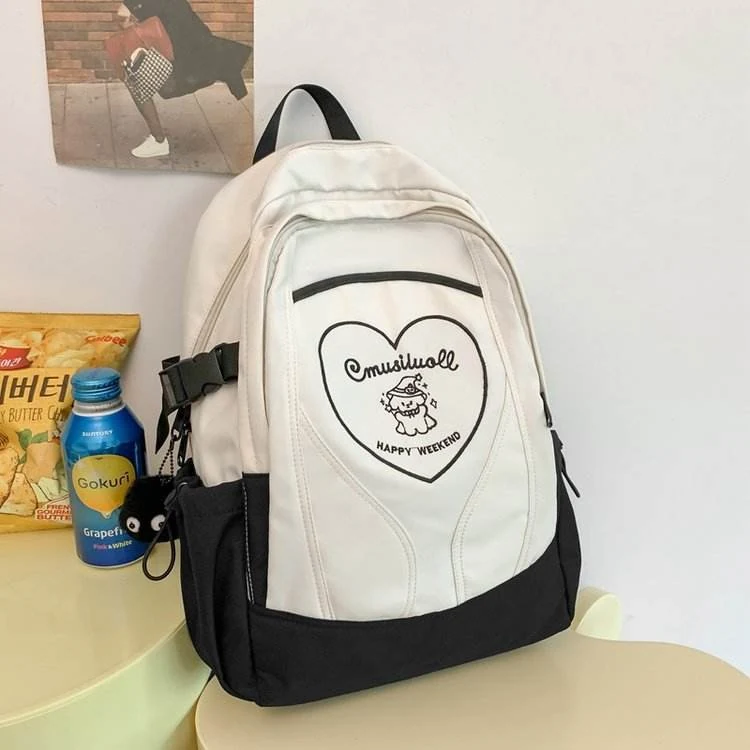 Color-Block Student Backpack with Plush Doll Pendant White color SKU reference