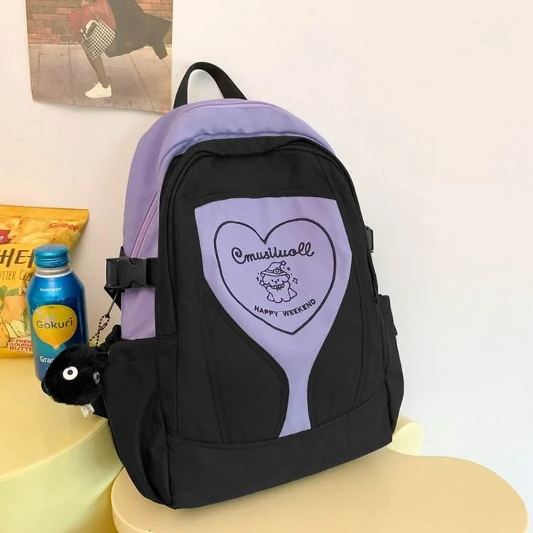 Color-Block Student Backpack with Plush Doll Pendant Black color SKU reference
