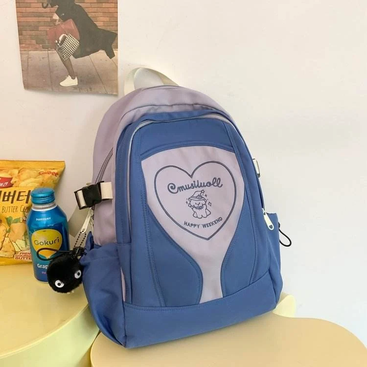 Color-Block Student Backpack with Plush Doll Pendant Purple color SKU reference
