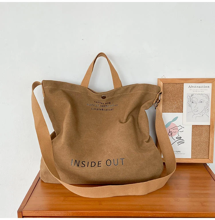 Canvas Letter-Print Shoulder & Crossbody Tote Light brown color SKU reference