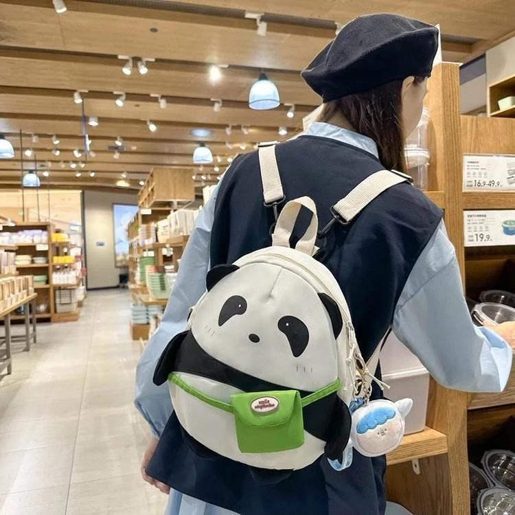 Panda Plush-Pendant Nylon Backpack White color SKU reference