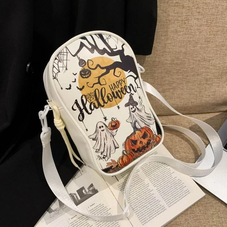 Halloween Ghost & Pumpkin PU Phone Crossbody Bag White color SKU reference