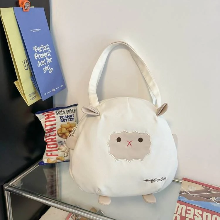 3D Sheep Embroidered Nylon Shoulder Bag with Plush Charm White color SKU reference