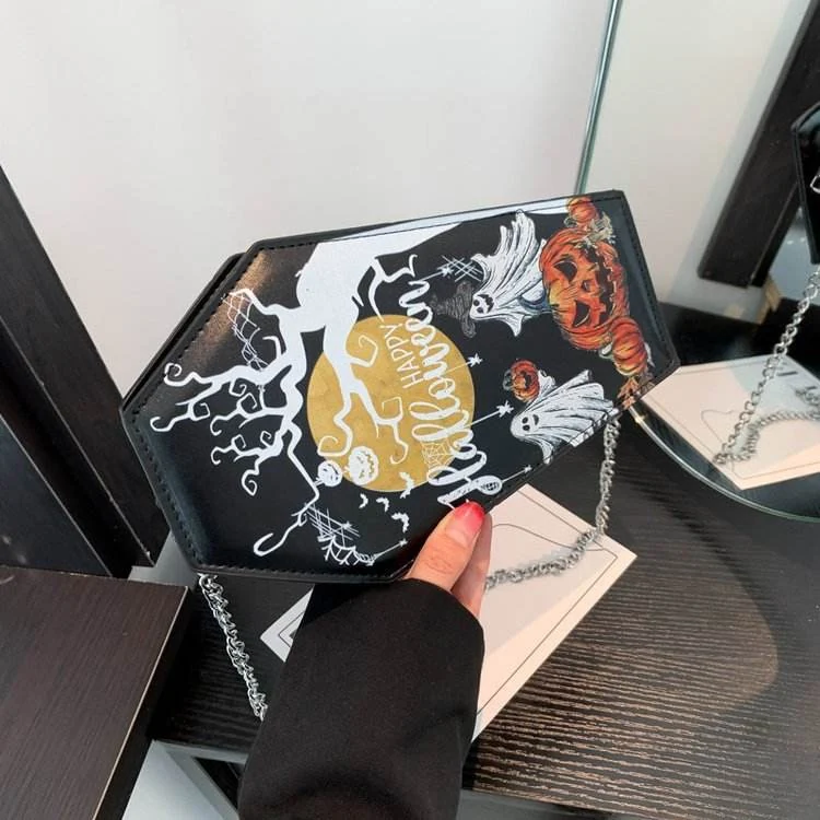 Halloween Pumpkin and Ghost PU Mini Crossbody Bag Black color SKU reference