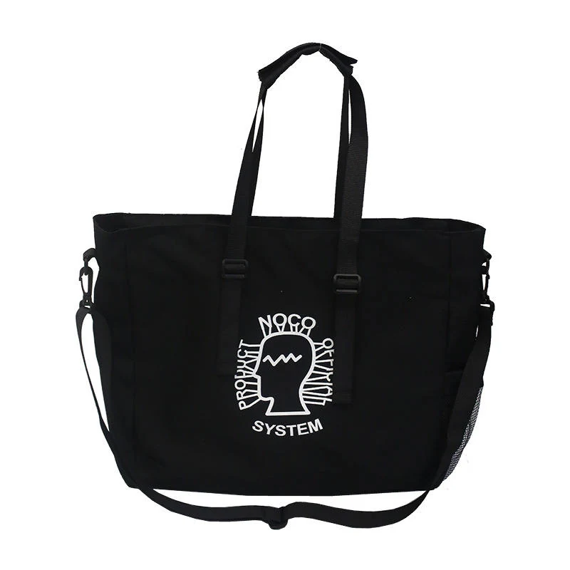 Canvas Letter-Print Tote with Zipper Closure Black color SKU reference