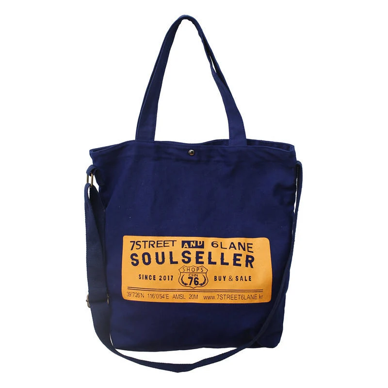 Canvas Letter-Print Tote with Zip Closure Deep Blue color SKU reference