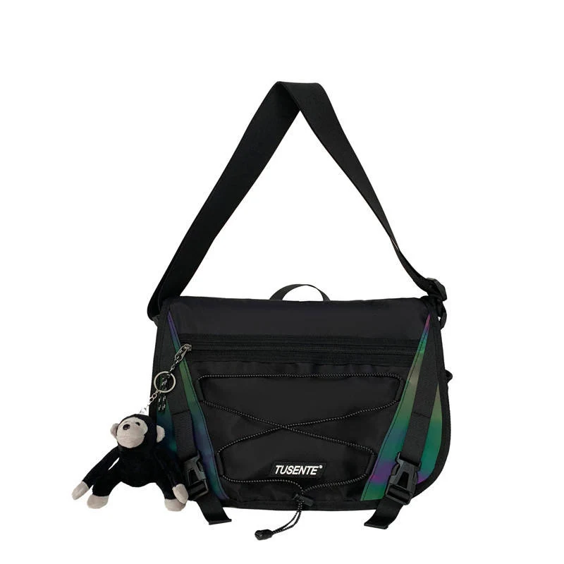 Reflective-Style Travel Shoulder Bag with Pendant Black color SKU reference
