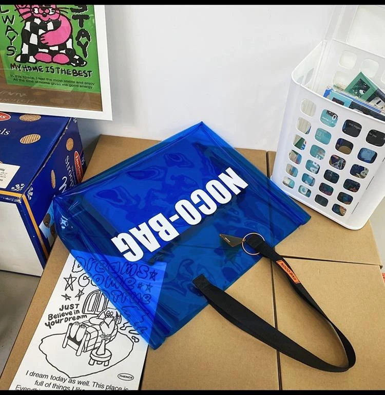 Transparent PVC Letter-Print Tote Bag Deep Blue color SKU reference