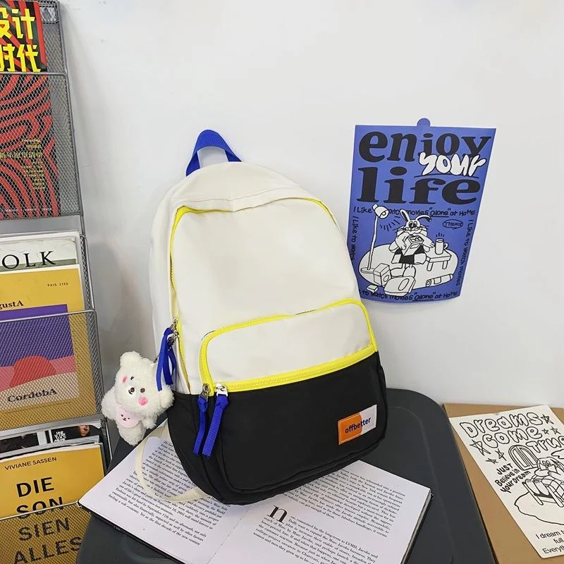 Nylon Student Backpack with Bear Pendant Detail Black color SKU reference