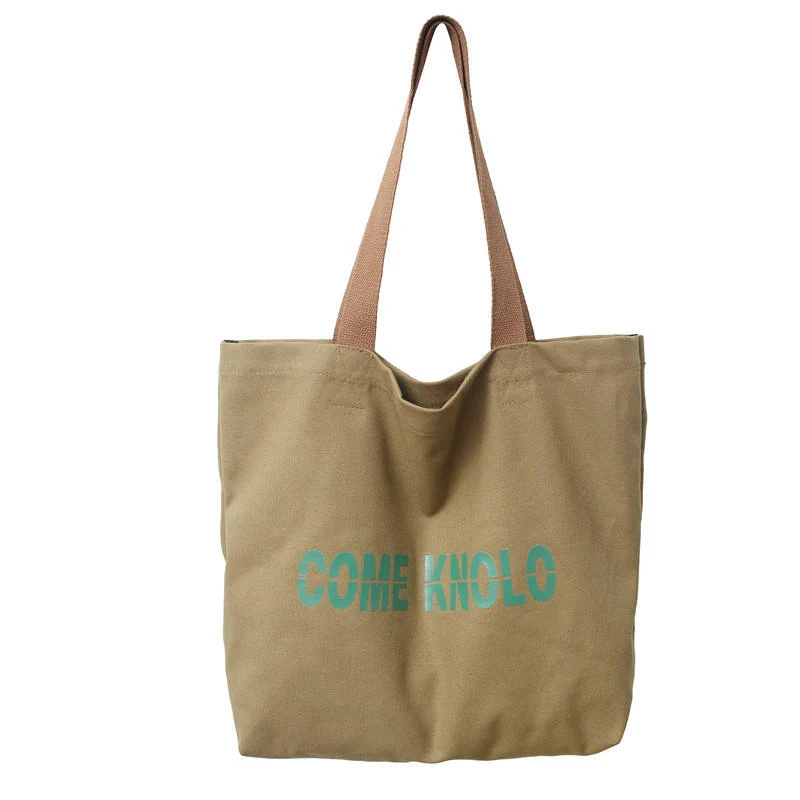 Canvas Student and Travel Tote with Letter Print Khaki color SKU reference