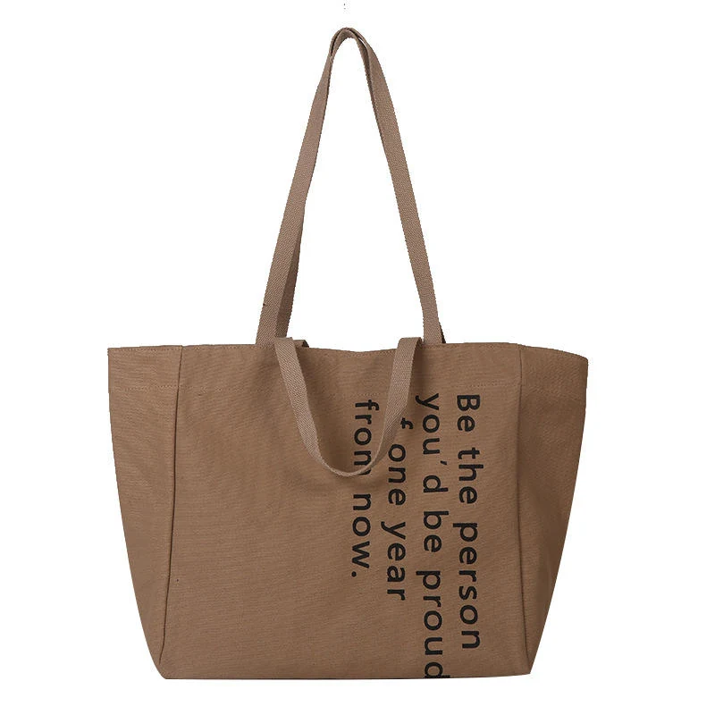 Canvas Letter-Print Travel Tote with Zip Closure Light Brown color SKU reference