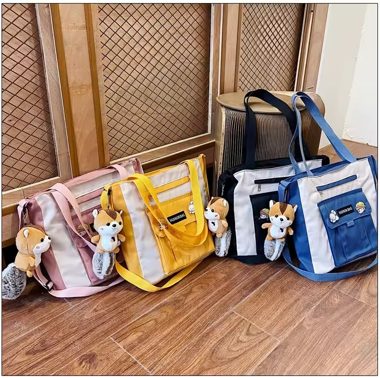 Cotton Letter-Print Multi-Pocket Messenger Tote product reference image