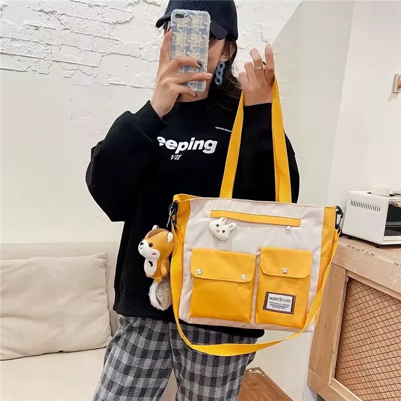 Cotton Multi-Pocket Crossbody Tote with Rivet-Button Details product reference image