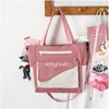Letter-Print Cotton Crossbody Tote with Zipper Pink color SKU reference