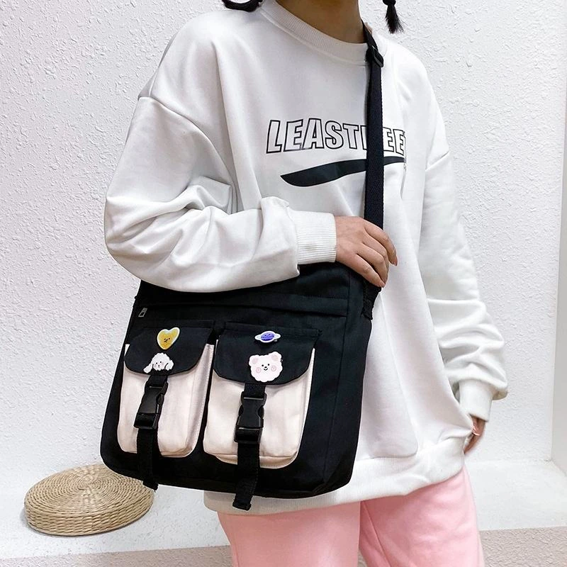 Cotton Crossbody Tote with Front Storage Pockets product reference image