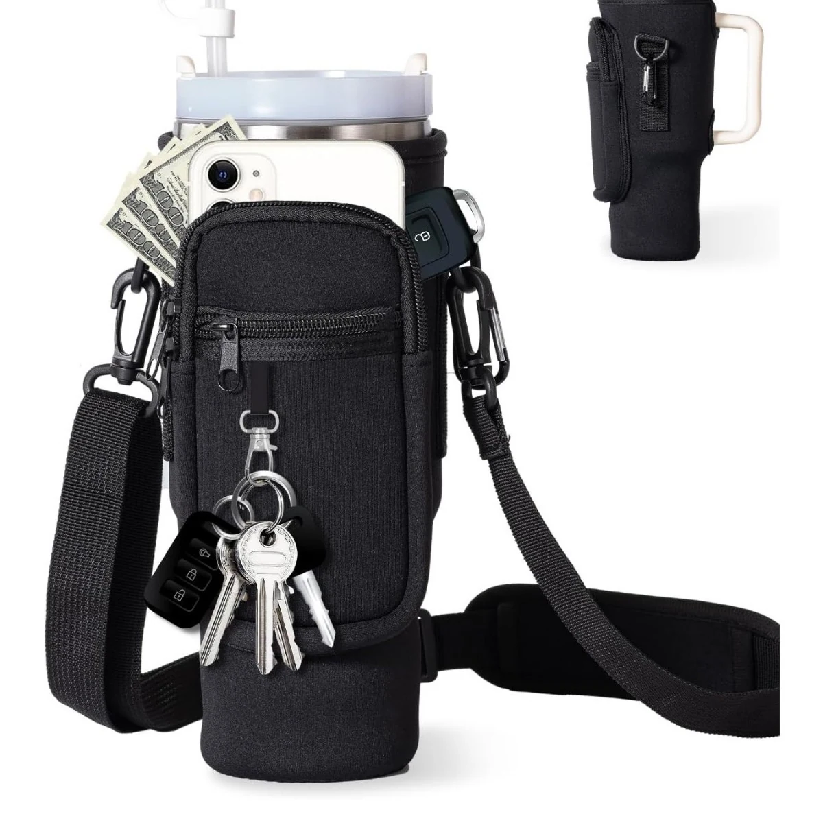 40 oz Tumbler Carrier with Zip Pockets & Adjustable Strap Black color SKU reference