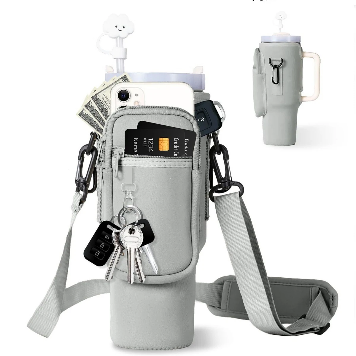 40 oz Tumbler Carrier with Zip Pockets & Adjustable Strap Light gray color SKU reference