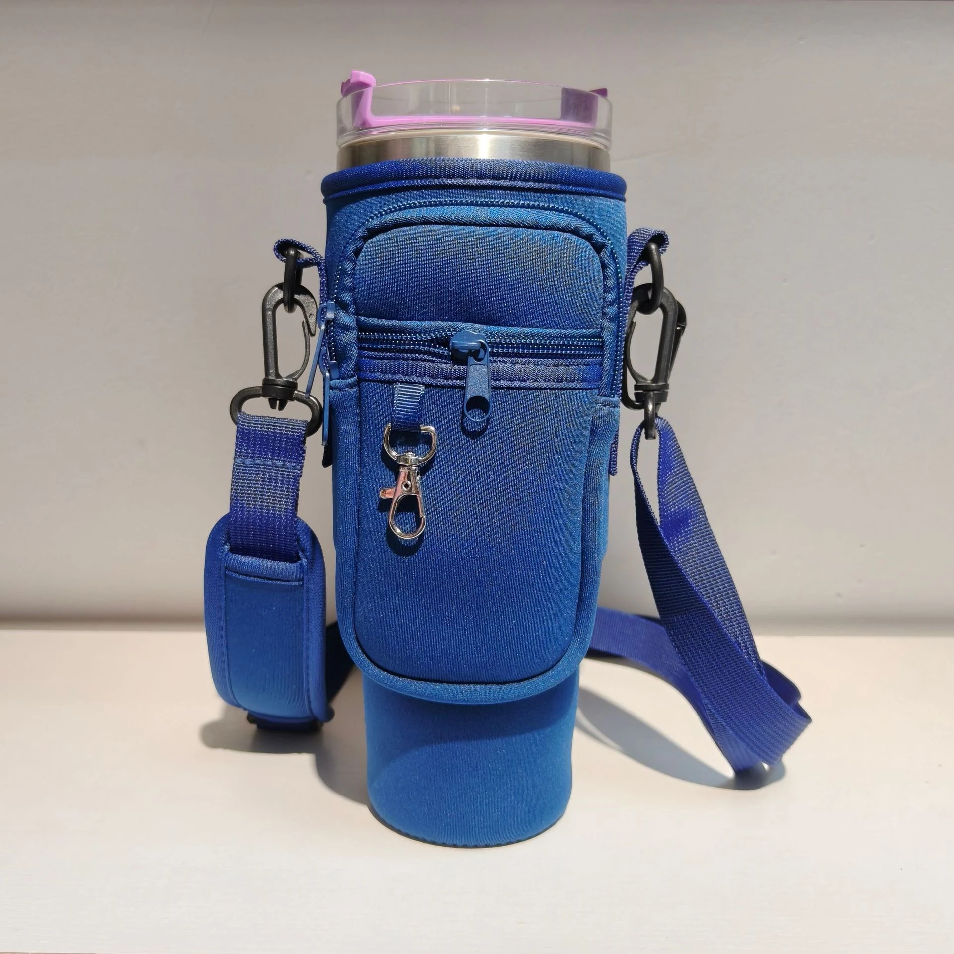 40 oz Tumbler Carrier with Zip Pockets & Adjustable Strap Blue color SKU reference