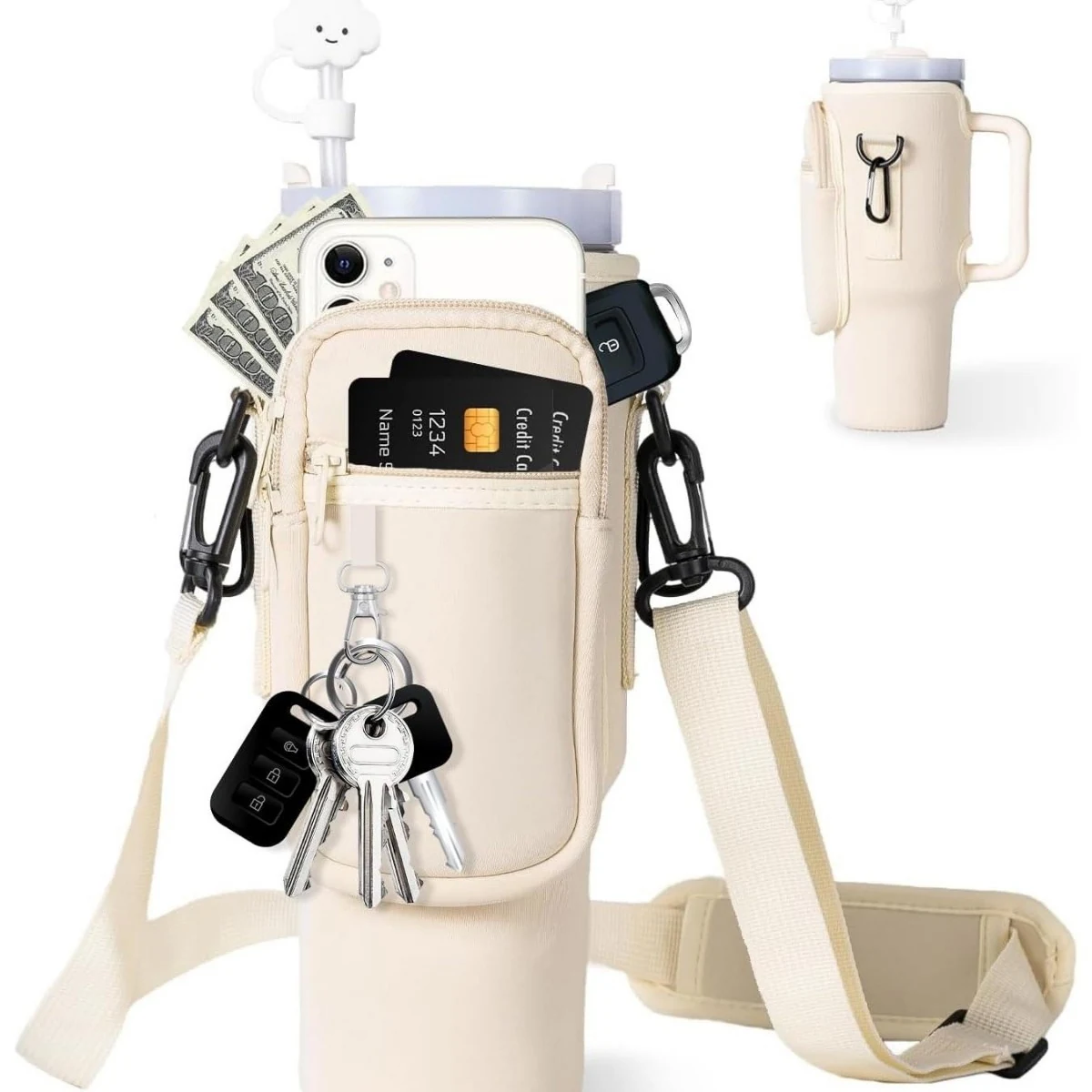 40 oz Tumbler Carrier with Zip Pockets & Adjustable Strap Pale yellow color SKU reference