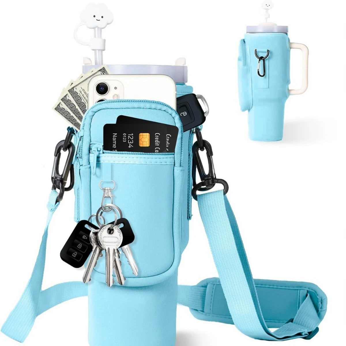 40 oz Tumbler Carrier with Zip Pockets & Adjustable Strap Sky blue color SKU reference