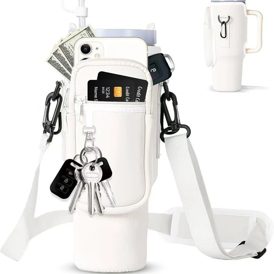 40 oz Tumbler Carrier with Zip Pockets & Adjustable Strap White color SKU reference