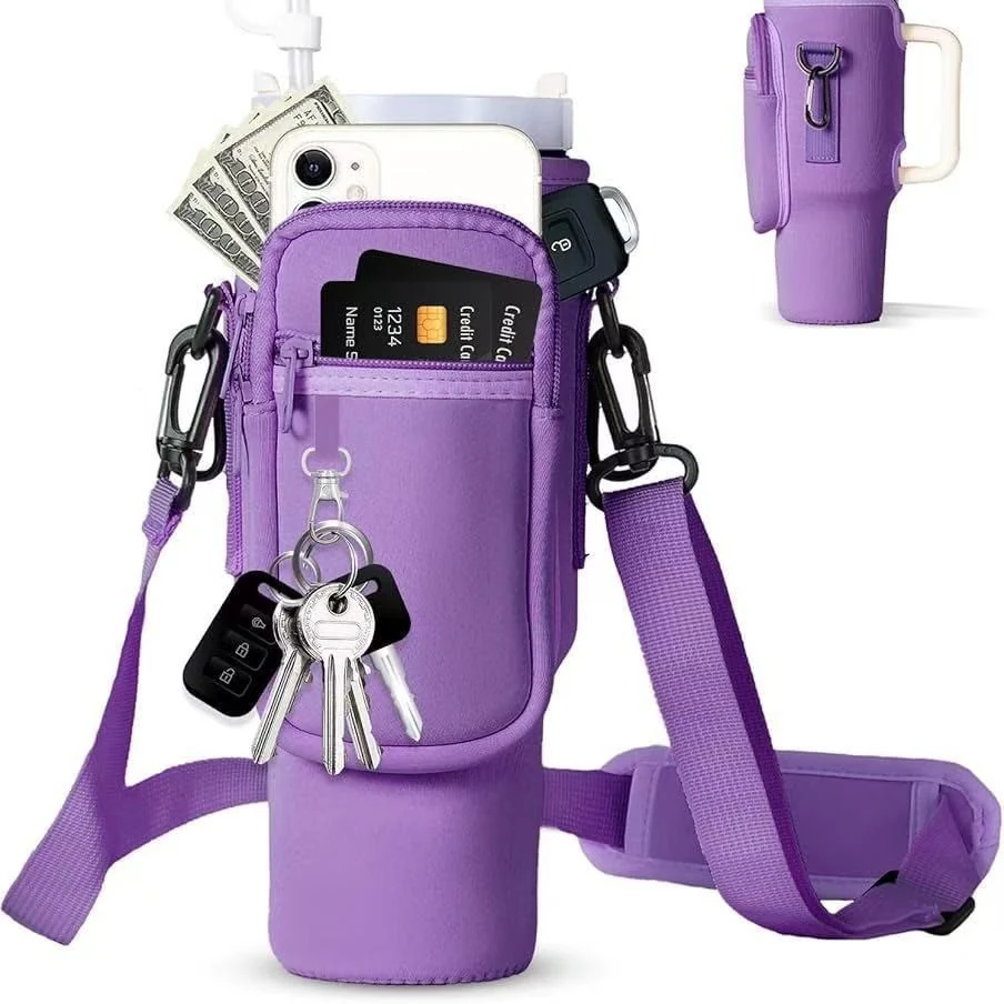 40 oz Tumbler Carrier with Zip Pockets & Adjustable Strap Dark purple color SKU reference