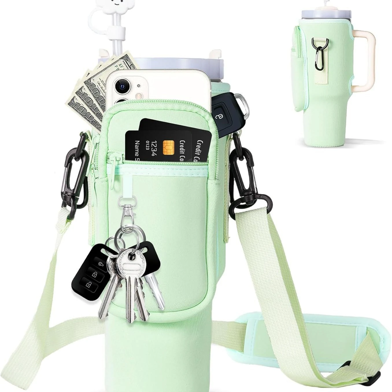 40 oz Tumbler Carrier with Zip Pockets & Adjustable Strap Light green color SKU reference