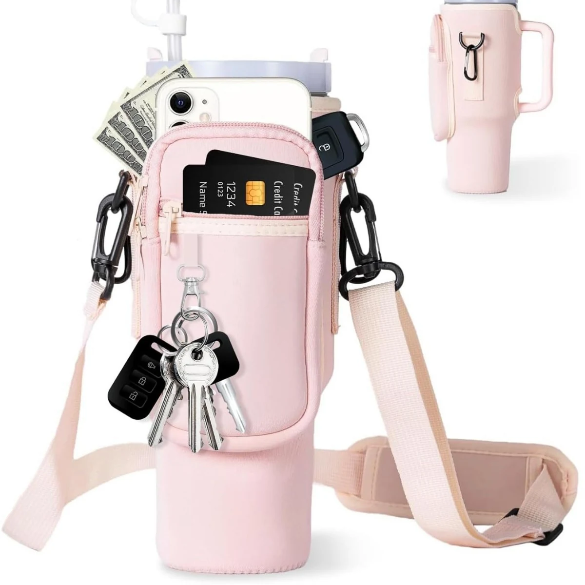 40 oz Tumbler Carrier with Zip Pockets & Adjustable Strap Dark pink color SKU reference