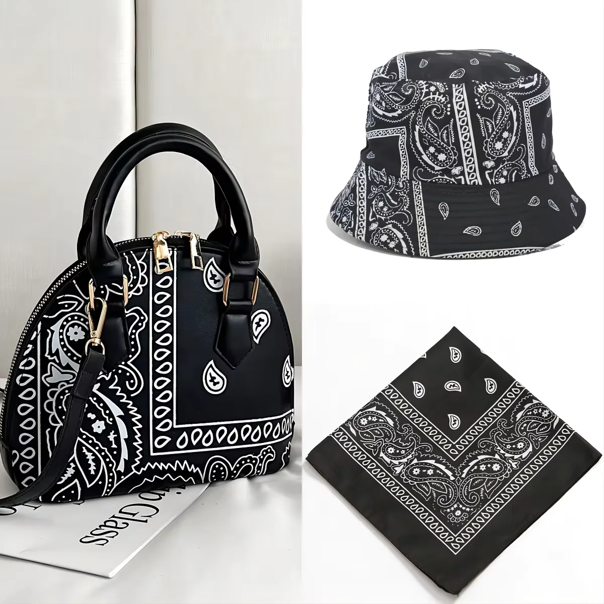 Paisley-Print Crossbody Handbag with Matching Accessory Options Black coordinated set · contents to confirm color SKU reference