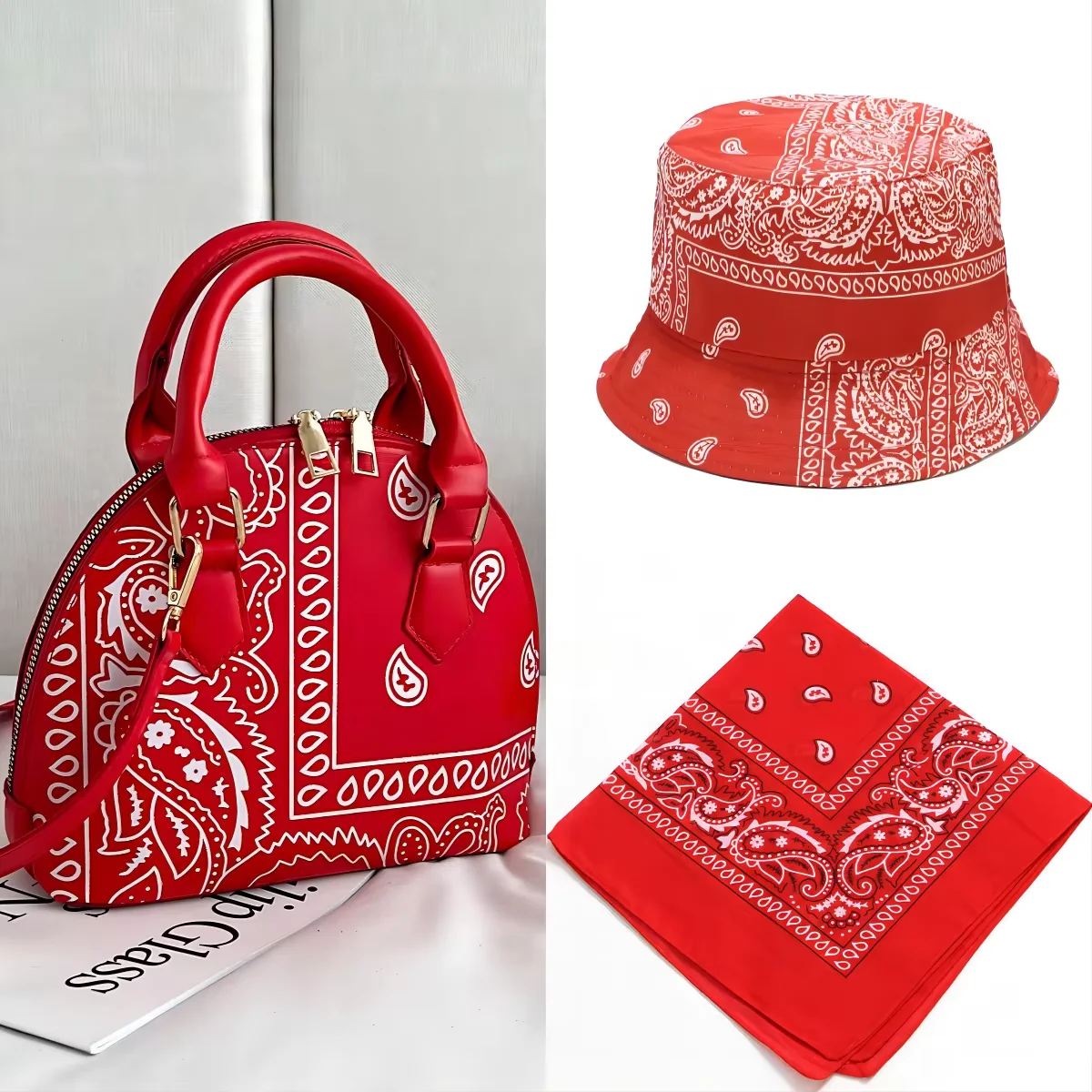 Paisley-Print Crossbody Handbag with Matching Accessory Options Red coordinated set · contents to confirm color SKU reference