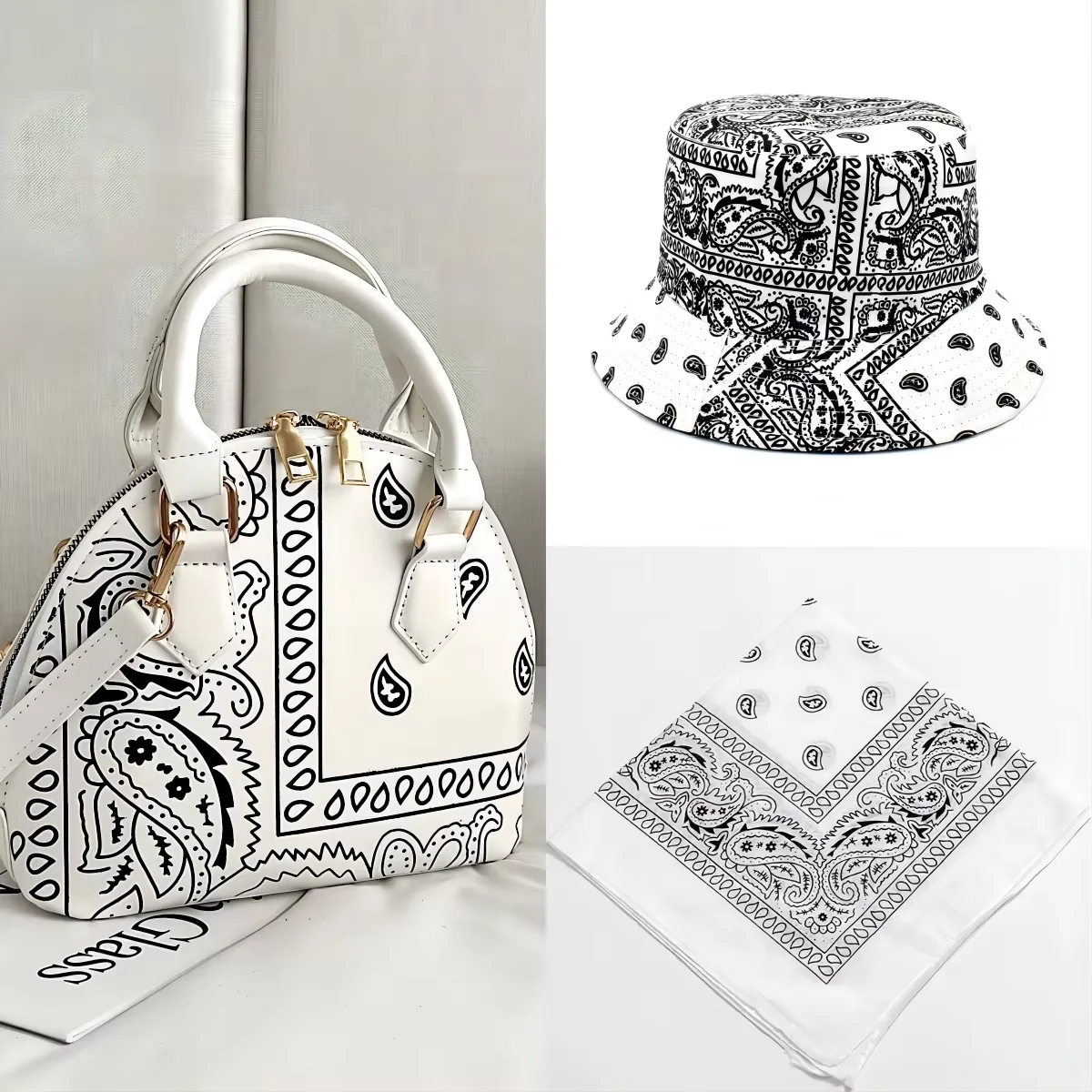 Paisley-Print Crossbody Handbag with Matching Accessory Options White coordinated set · contents to confirm color SKU reference