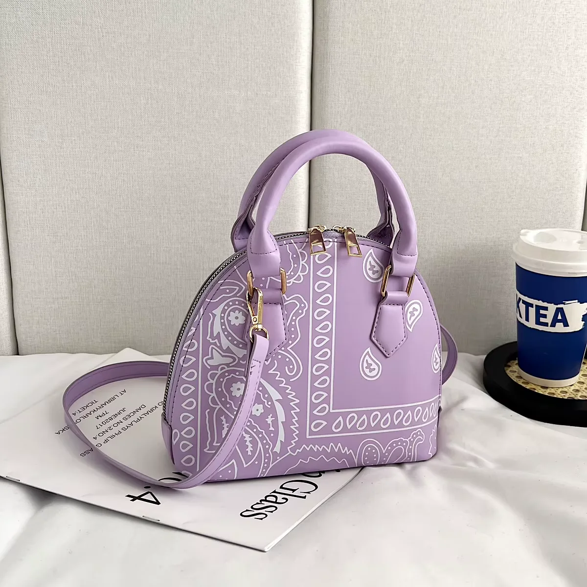 Paisley-Print Crossbody Handbag with Matching Accessory Options Purple handbag color SKU reference