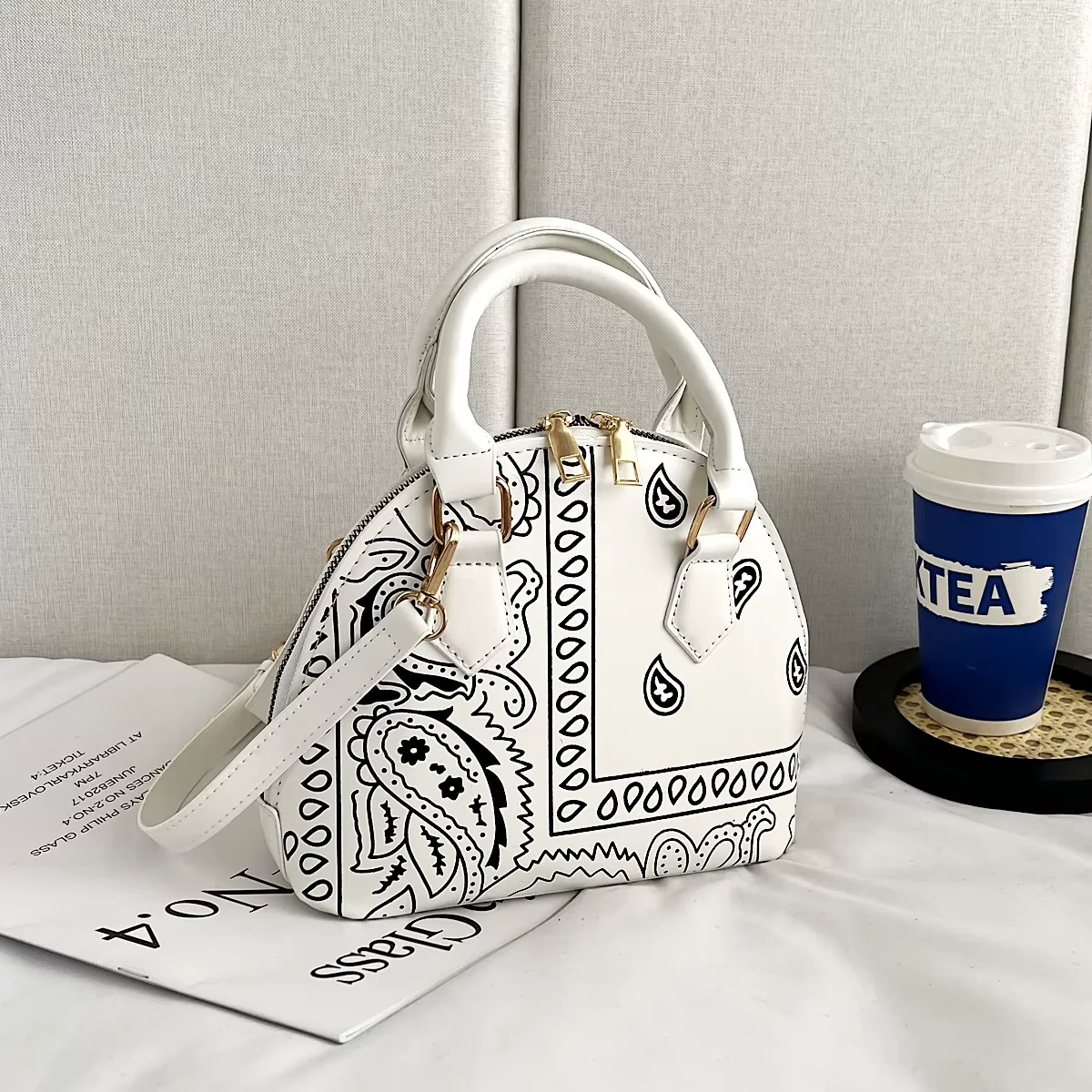 Paisley-Print Crossbody Handbag with Matching Accessory Options White handbag color SKU reference